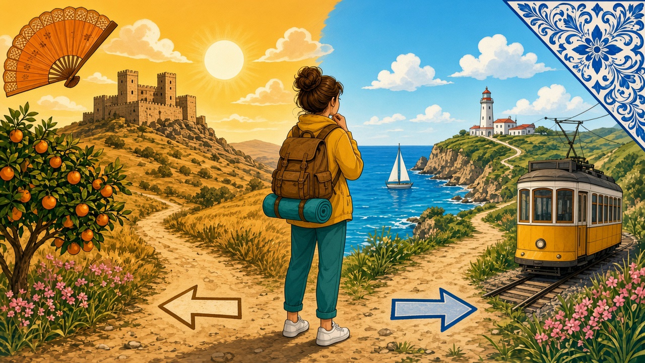 Cartoon illustration of a backpacker at a fork in the road between Spain's sunny castle hills and Portugal's coastal tram, with left and right comparison arrows — Spain vs Portugal digital-nomad visa, no brand marks