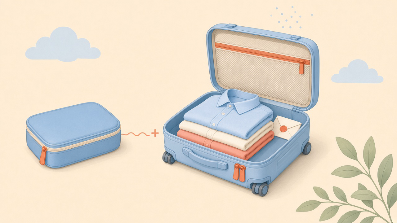 Cartoon illustration of an open blue carry-on suitcase packed with stacked folded shirts in light blue, cream, and coral, beside a closed zip pouch, clouds, and leafy plant